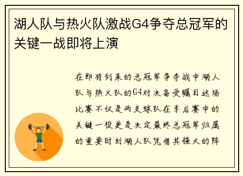 湖人队与热火队激战G4争夺总冠军的关键一战即将上演