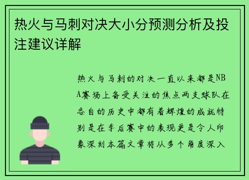 热火与马刺对决大小分预测分析及投注建议详解